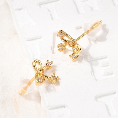 Brass Micro Pave Clear Cubic Zirconia Bowknot Stud Earrings EJEW-C158-14B-G-1