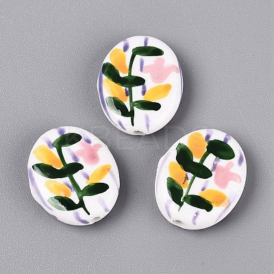 Hand Painted Tulip Flower Oval Porcelain Beads PORC-N012-11E-1