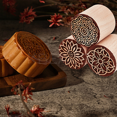 3Pcs 3 Styles Round Wooden Traditional Chinese Moon Cake Stamps AJEW-OC0004-19B-1