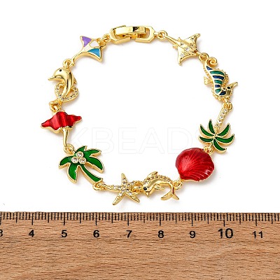 Ocean Theme Brass Cubic Zirconia with Enamel Link Bracelets for Women BJEW-F514-01A-G-1