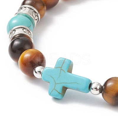 Natural Tiger Eye & Synthetic Turquoise(Dyed) Cross Beaded Bracelet BJEW-TA00179-01-1