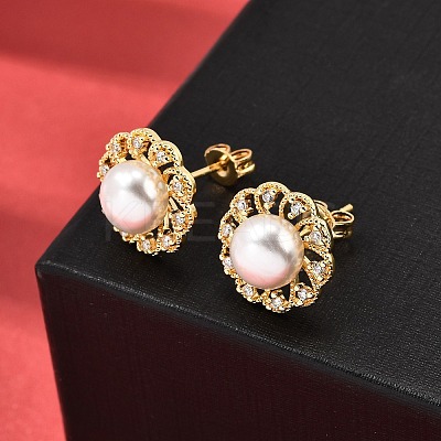 Flower Brass Micro Pave Clear Cubic Zirconia Stud Earrings EJEW-A135-24G-1