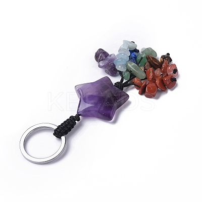 Natural Amethyst Star with Mixed Gemstone Chips Beaded Tassel Keychains KEYC-P012-01P-03-1