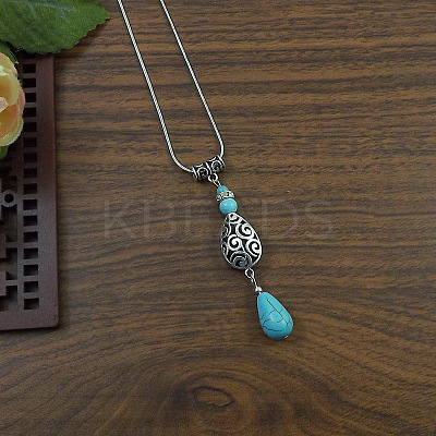 Exotic Ethnic Style Miao Silver & Synthetic Turquoise Drop Pendant Necklaces NL3465-6-1