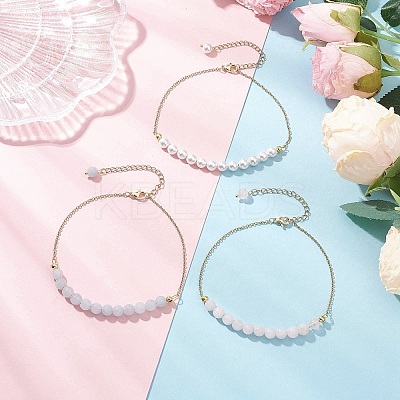 3Pcs 3 Colors Gemstone and Shell Pearl Round Beaded Ankelets AJEW-AN00707-1
