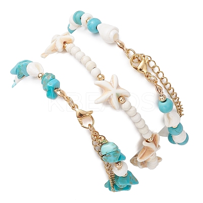 3Pcs 3 Styles Starfish Synthetic Magnesite & Turquoise Beaded Anklets AJEW-TA00030-1