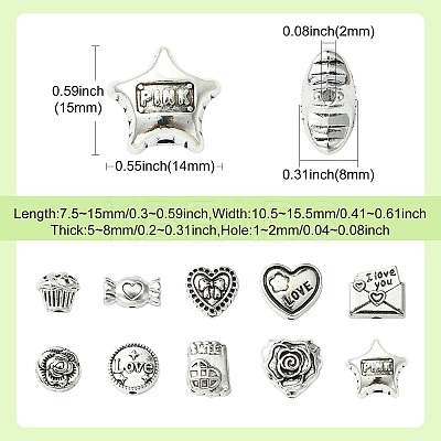 60Pcs 10 Styles Valentine's Day Theme Tibetan Style Alloy Beads TIBEB-CJ0001-38-1