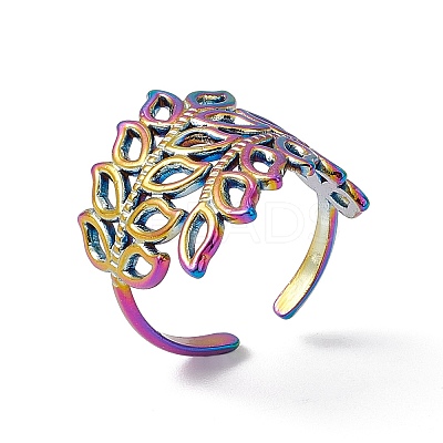 Ion Plating(IP) 304 Stainless Steel Hollow Out Leaf Open Cuff Ring for Women RJEW-C045-16M-1