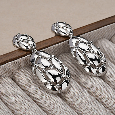 Retro Hollow Oval Drawbench Brass Dangle Stud Earrings for Women EJEW-G391-13P-1