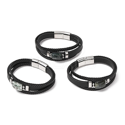 Natural Moss Agate & Braided Microfiber Leather Multi-strand Bracelets for Women Men GG-CBAEA55-01B-1