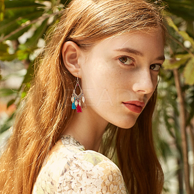6 Pairs 6 Colors Leaf & Cotton Tassel Chandelier Earrings EJEW-FI0003-14-1