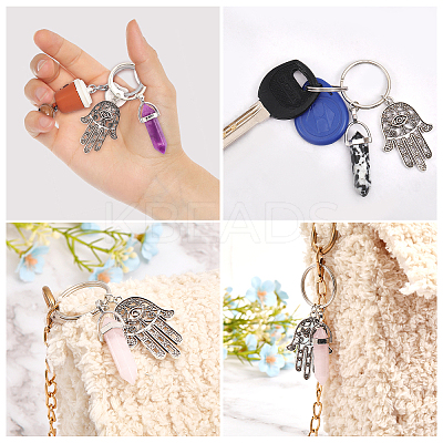 12Pcs 12 Style Bullet Gemstone & Glass Pendant Keychain with Hamsa Hand/Hand of Miriam with Eye Charm KEYC-GL0001-05-1