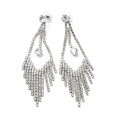Clear Cubic Zirconia & Crystal Rhinestone Long Tassel Dangle Stud Earrings LS-EJEW-C037-07D-P-1