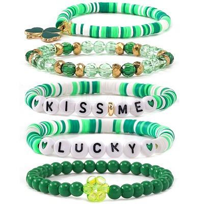 5Pcs 5 Styles Saint Patrick's Day Glass & Resin & Polymer Clay Beads Stretch Bracelets BK9964-5-1
