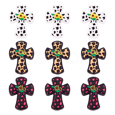 9Pcs 3 Colors Cross with Flower Silicone Focal Beads SIL-TA0001-96-1