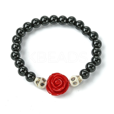 Halloween Theme 8.5mm Synthetic Black Stone Beaded Stretch Bracelets BJEW-JB10882-01-1