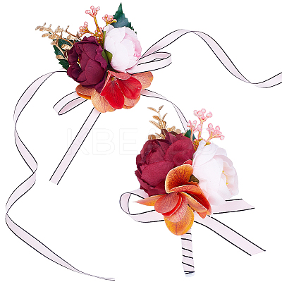 2Pcs 2 Style Silk Cloth & Plastic Imitation Flower Wrist Corsage & Corsage Boutonniere AJEW-CP0007-26A-1