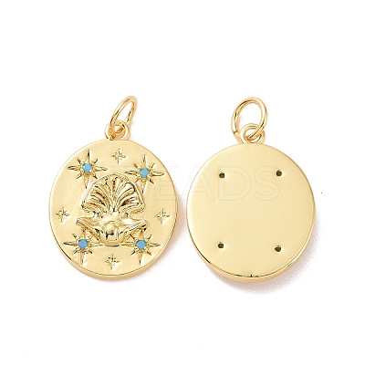 Oval with Shell Pattern Brass Micro Pave Cubic Zirconia Pendants KK-G435-10G-1