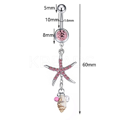 304 Stainless Steel Pave Cubic Zirconia & Plastic Pearl & Natural Shell Starfish Curved Barbell Dangle Belly Rings FS-WGCE39A-03-1