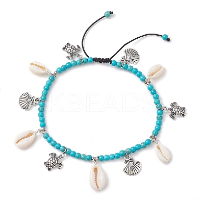 Natural Shell & Alloy Tortoise Charm Anklet AJEW-TA00022-1