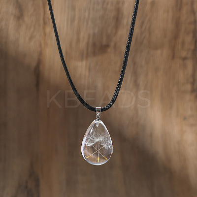 Dandelion Seed in Teardrop Resin Wish Pendant Black Cord Necklaces for Women WGE62B3-04-1