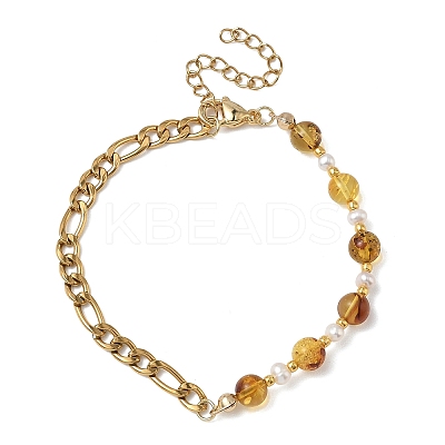 Natural Amber & Cultured Freshwater Pearl Beads Link Bracelets BJEW-JB13694-01-1