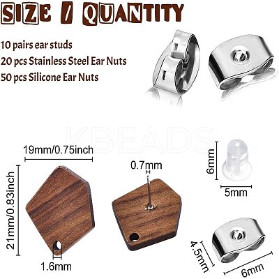 10 Pairs Polygon Walnut Wood Stud Earring Findings MAK-BC0001-21-1