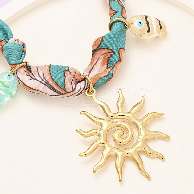 304 Stainless Steel Sun & Resin Fish Pendant Polyester Scarf Necklaces for Women NJEW-D340-03G-1