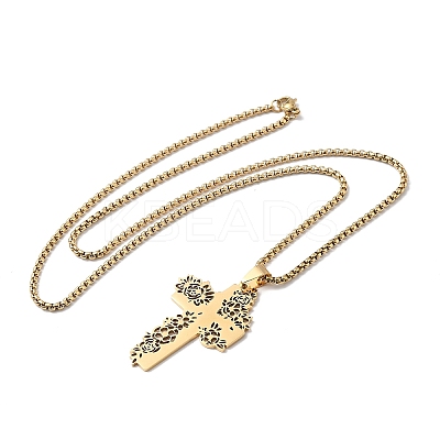 201 Stainless Steel Hollow Rose Cross Pendant Necklaces LS-NJEW-H065-31G-1