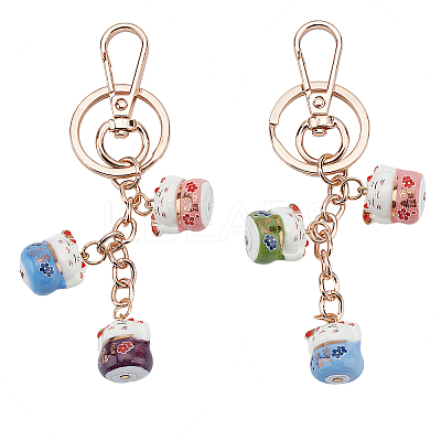 2Pcs 2 Colors Maneki Neko Lucky Cat Porcelain Pendant Keychain KEYC-OC0001-42A-1