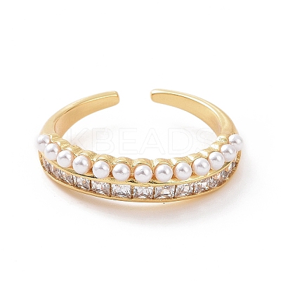 Clear Cubic Zirconia Open Cuff Ring with ABS Plastic Imitation Pearl Beaded RJEW-G283-01G-1