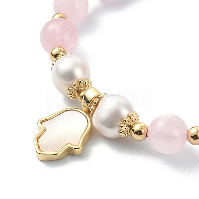 Natural Rose Quartz & Pearl Beaded Stretch Bracelet BJEW-JB09360-02-1