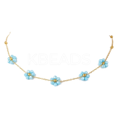 2Pcs 2 Colors Brass & Faceted Round Glass Beaded Flower Link Chain Necklaces NJEW-JN05296-1