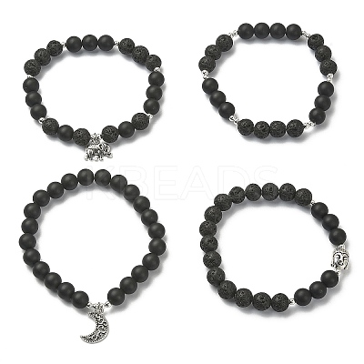 4Pcs 4 Style Natural Lava Rock & Black Agate & Hematite Beaded Stretch Bracelets Set BJEW-JB09508-1