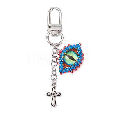 Evil Eye Glass Seed Loom & Cross Alloy Pendant Decoration HJEW-MZ00082-1
