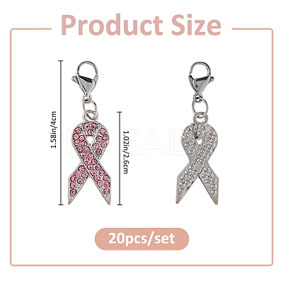 20Pcs Awareness Ribbon Shaped Alloy Rose Rhinestone Pendant Decorations HJEW-FH00186-1