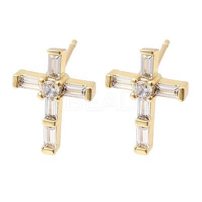 Cross Brass Micro Pave Clear Cubic Zirconia Stud Earrings EJEW-C186-18G-02-1