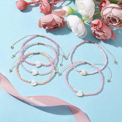5Pcs 5 Colors Natural Shell Heart & Seed Braided Bead Bracelets Set BJEW-JB10039-02-1