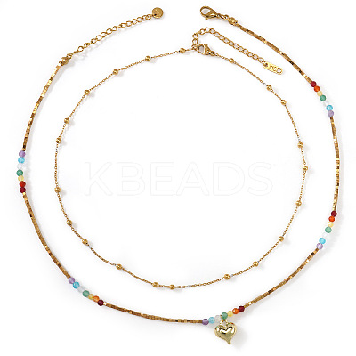 Rainbow Natural Mixed Stoned Beaded Double Layer Necklaces with Stainless Steel Heart Pendant for Beach Vacation KB9378-1-1