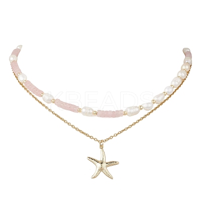 Natural Rose Quartz Heishi Beads and Rice Natural Pearl Beaded Double Layer 304 Stainless Steel Starfish Pendant Necklaces NJEW-JN05847-03-1