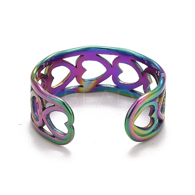 Rainbow Color Ion Plating(IP) 304 Stainless Steel Heart Wrap Open Cuff Ring for Women RJEW-A005-09-1
