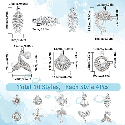 40Pcs 10 Style Alloy Crystal Rhinestone Pendants ALRI-SC0001-36-1
