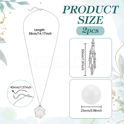 2Pcs Brass Macrame Pouch Natural Quartz Crystal Round Inside Pendant Necklaces NJEW-PH01599-1