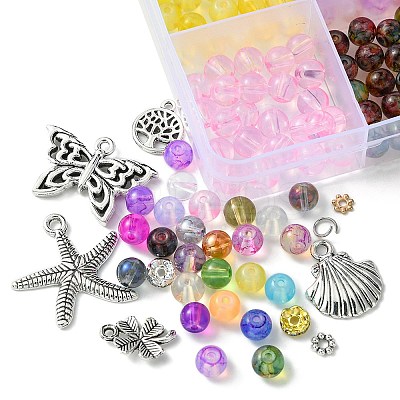 DIY Round Glass Imitation Opalite Beads & Alloy Pendants Bracelets Making Kits DIY-FS0006-39-1