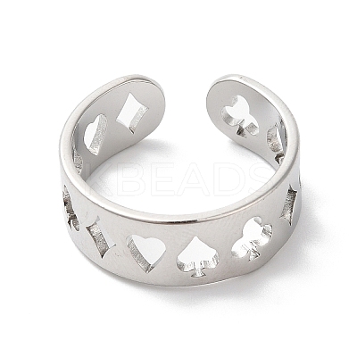 Non-Tarnish Spade & Club & Heart & Diamond 304 Stainless Steel Open Cuff Ring for Women RJEW-K245-47P-1