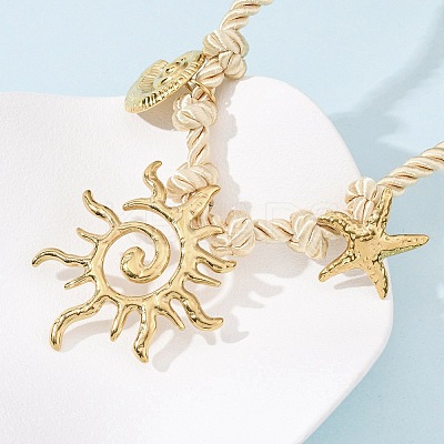 304 Stainless Steel Sun Starfish Conch Shape Pendant Polyester Twisted Rope Necklaces NJEW-D340-05G-1