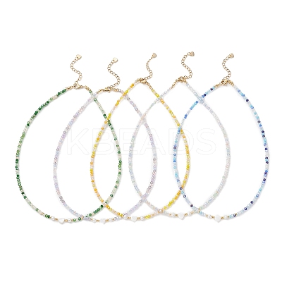 Natural Shell Heart & AB Color Plated Glass Faceted Rondelle Beaded Necklaces NJEW-JN05863-1