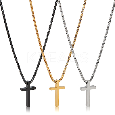 3Pcs 3 Colors Stainless Steel Cross Pendant Necklace with Box Chains NJEW-AN0001-76-1