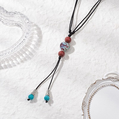 3Pcs 3 Styles Retro Glass & Porcelain & Alloy Snake Adjustable Nylon Cord Y Necklaces for Women NJEW-JN05360-1