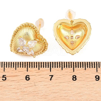 Heart Brass Micro Pave Clear Cubic Zirconia Stud Earrings EJEW-K325-01G-1